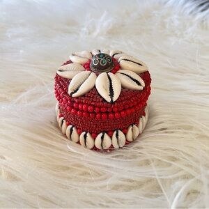 Vintage Tibet red glass beaded shells inlaid turquoise trinket box with lid.